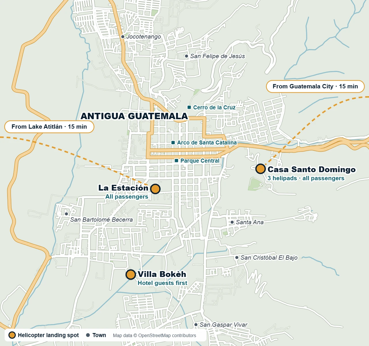 Map of helicopter landing spots in Antigua Guatemala: Casa Santo Domingo, La Estación and Villa Bokèh