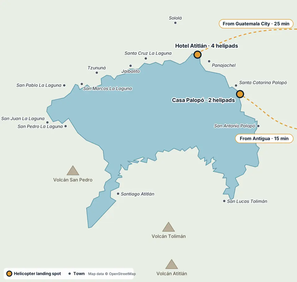 Map of Lake Atitlan showing the Hotel Atitlán and Casa Palopó helicopter landing spots, lake towns and volcanoes